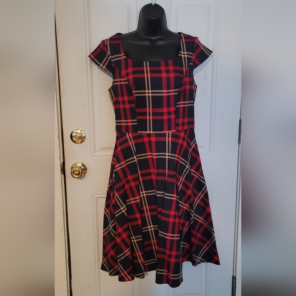 Red and Black Fit and Flare Midi Dress with Flutter Cap Sleeves